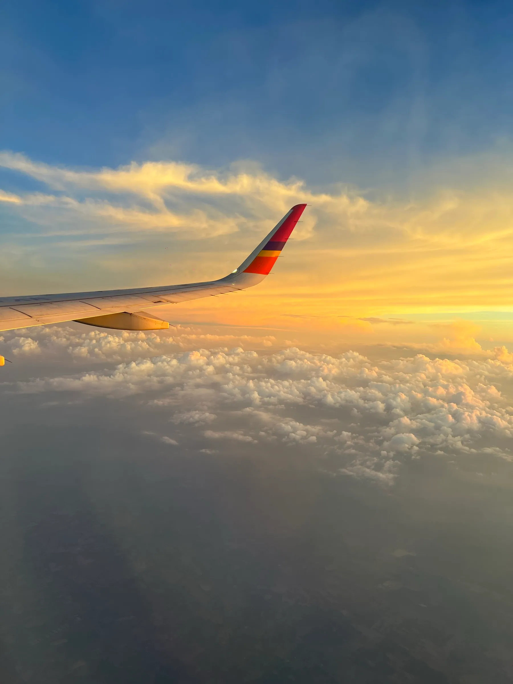 飛機翼尖劃過雲海，夕陽將天空染成金色